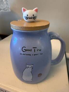 Ceramic Cat Mug with Wooden Lid & 3D Cat Figurine - Periwinkle Blue